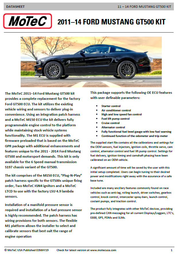 2011-14 Shelby GT500 MoTeC 'Plug and Play' Kit