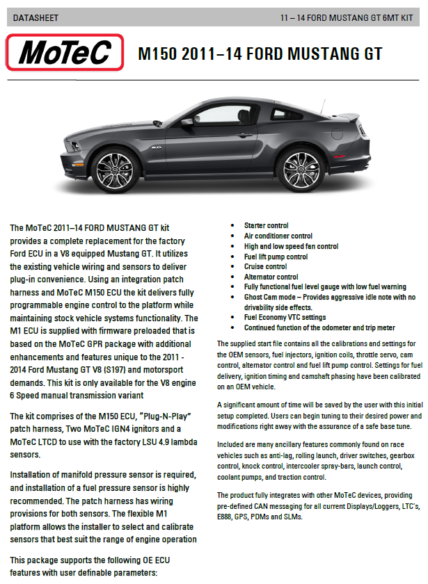 2011-14 Mustang GT MoTeC 'Plug and Play' Kit (S197)