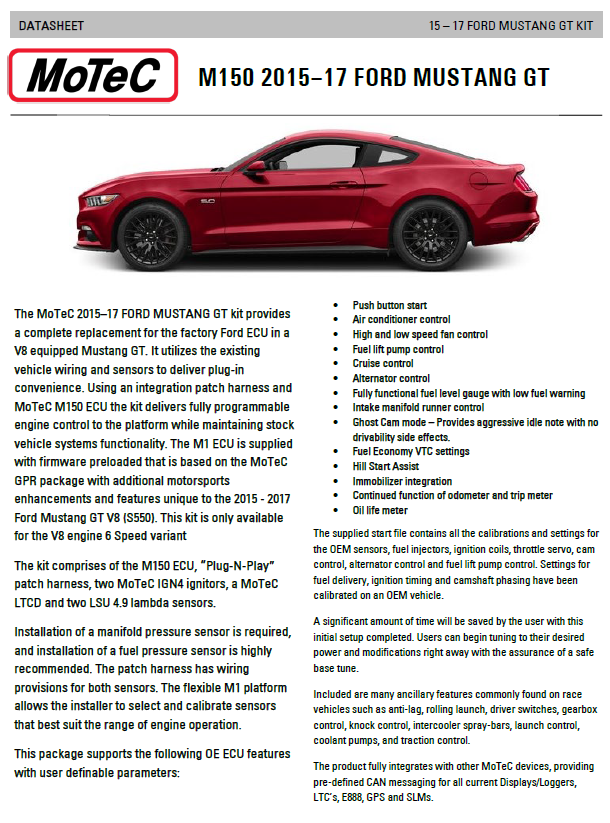 2015-2017 Mustang GT MoTeC 'Plug and Play' Kit (S550)