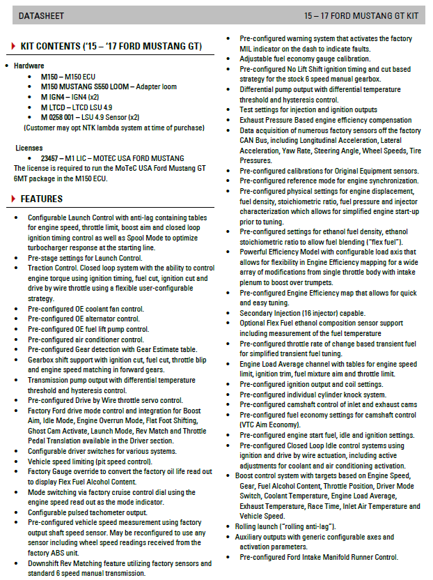 2015-2017 Mustang GT MoTeC 'Plug and Play' Kit (S550)